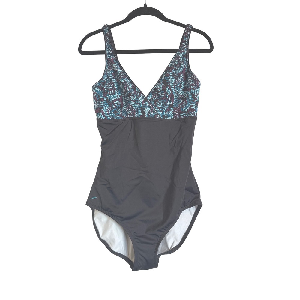 Speedo Sculpture‎ ContourLuxe Swimsuit Sz 16 Blue Floral V Neck Conservative